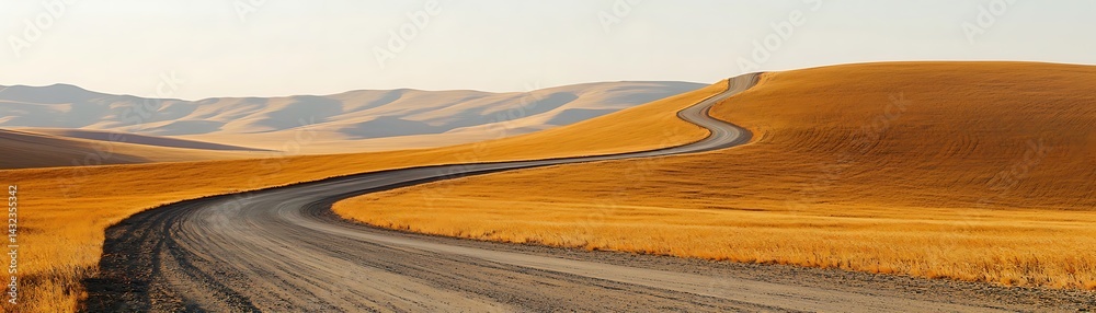 Fototapeta premium Winding road through wheat fields on rolling hills at sunset for scenic travel