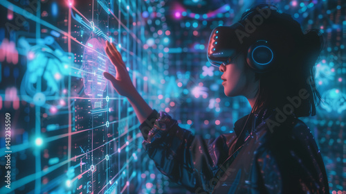  Futuristic Cyberspace Interface Featuring Floating Data Nodes and Digital Avatar Interacting with Holographic Elements, Set Against a Neon Grid Background in a Cyberpunk Style