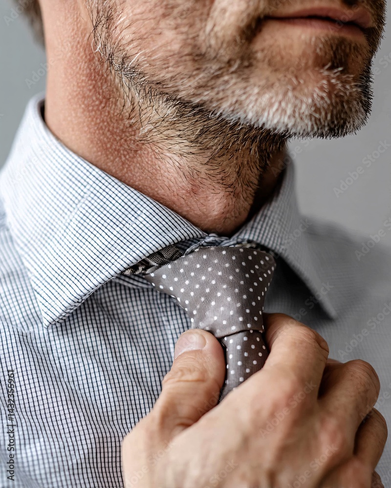 Man Adjusting Gray Tie with Polka Dots and Striped Shirt in Indoor Setting Close-Up