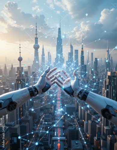 Robotic Hands Connecting a Futuristic Cityscape AI and Urban Development