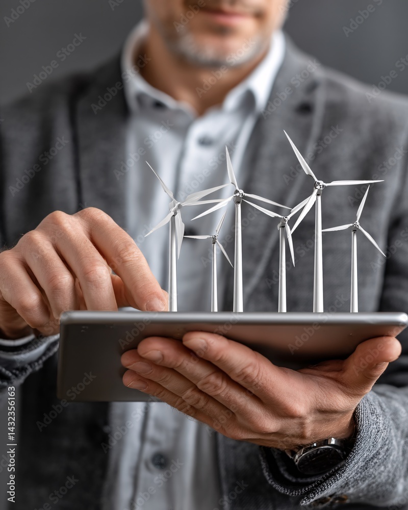 Man Holding Tablet with Wind Turbines Model for Sustainable Energy Concept Visualization