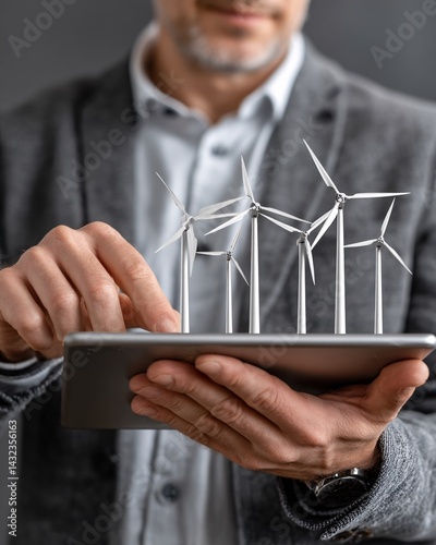 Obraz na płótnie Man Holding Tablet with Wind Turbines Model for Sustainable Energy Concept Visualization w salonie