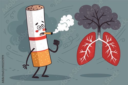 A cartoon cigarette character, anthropomorphic, coughing profusely, expelling thick grey smoke rings.  Design should be humorous yet cautionary.