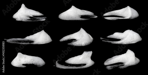 Top view set white foam soap isolated on a black background. concept of shampoo bubble, suds texture bathtub. shaving cream gel, bath lather. foam bubble