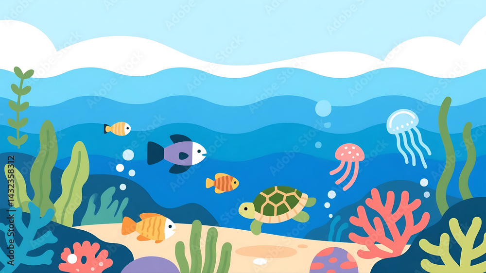 Fototapeta premium Colorful Underwater Scene with Illustrations of Sea Animals and Coral Reefs, world ocean day
