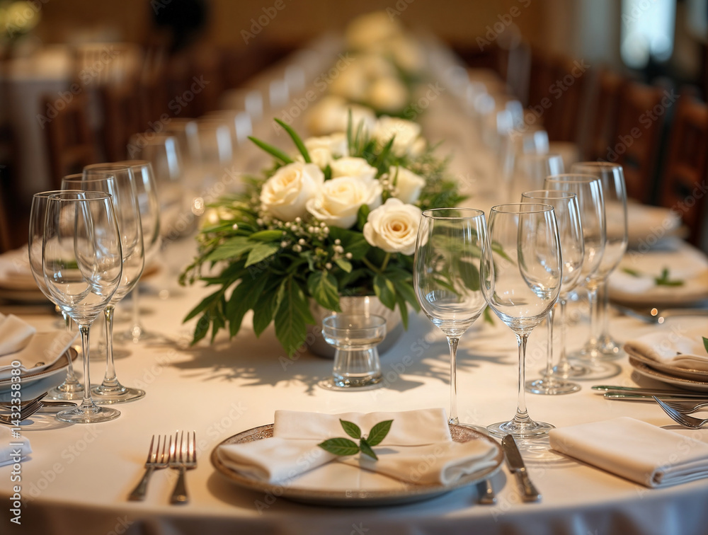 The image shows a beautifully set dining table with white linens, elegant glassware, and a centerpiece of white roses and greenery