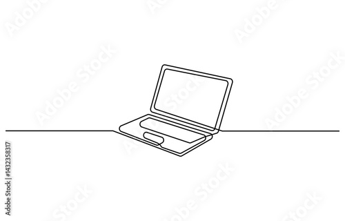 Single line drawing of laptop gadget isolated on white background. Vector illustration One line drawing of laptop gadget, continuous single line drawing of laptop computer, line art vector