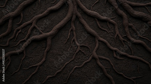 A close-up view of intricate tree roots against a dark textured background, showcasing nature's complexity and beauty. photo