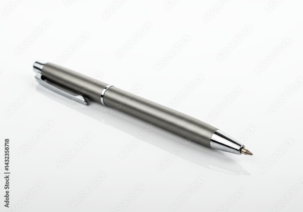 A single gray metal pen with a silver clip lying diagonally on a white surface in a studio setting A single gray metal pen with a silver clip lying diagonally on a white surface in a studio setting