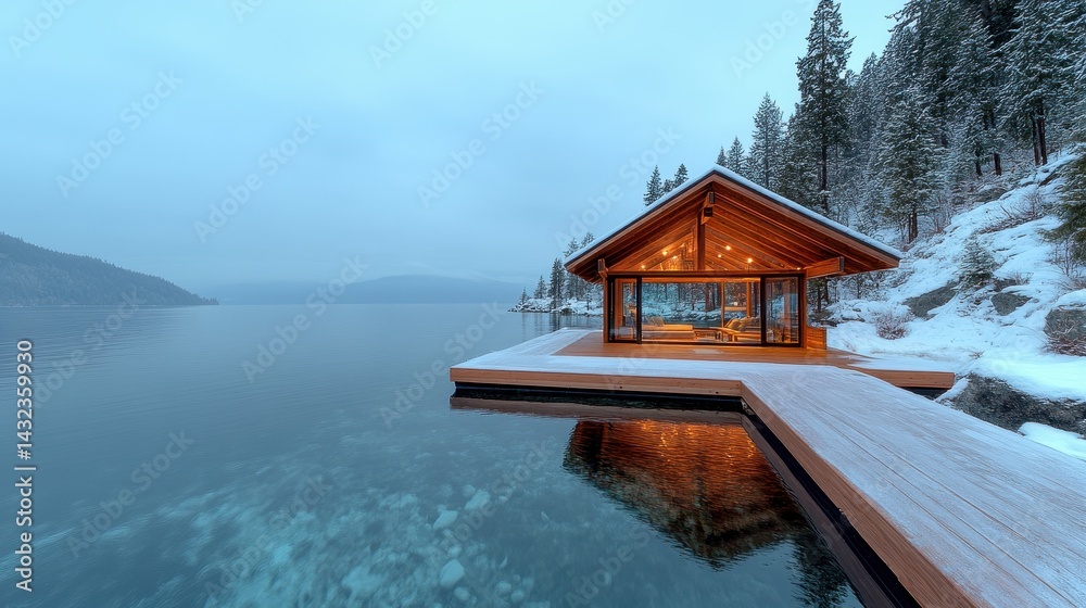 Fototapeta premium Lakefront Cabin in Snowy Winter Landscape