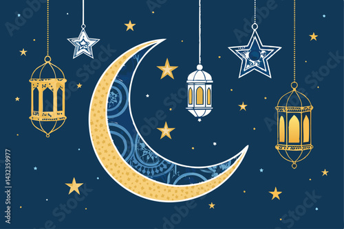 Ethereal crescent moon with glowing lanterns and stars hanging against a dark night sky, bokeh effect.  Detailed illustration.