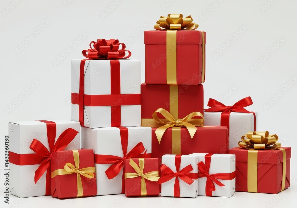 Fototapeta premium A collection of red and white gift boxes with gold and red ribbons on a white background setting studio shot