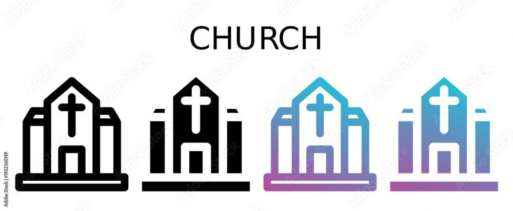 Fototapeta premium Church icon sheet with line, glyph, gradient multistyle collection of elements for design