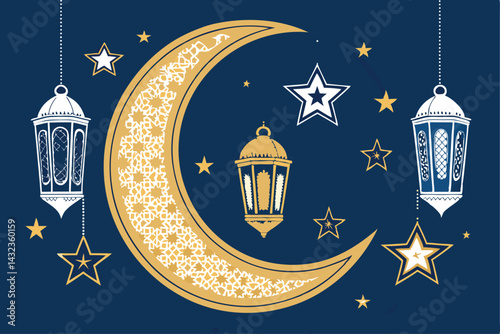 A whimsical illustration of a crescent moon adorned with hanging lanterns and twinkling stars, evocative of a peaceful night.