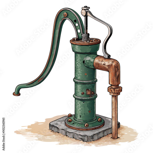 A weathered, vintage manual water pump with an iron lever, showing rust and wear, situated outdoors.  Detailed image showcasing its mechanical components.