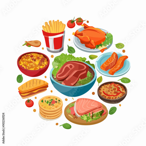 Different food of world set. Diversity ethnic cuisines collection with traditional dish of country to taste, BBQ sausages and salmon, lasagna and roast turkey, steak cartoon vector illustration