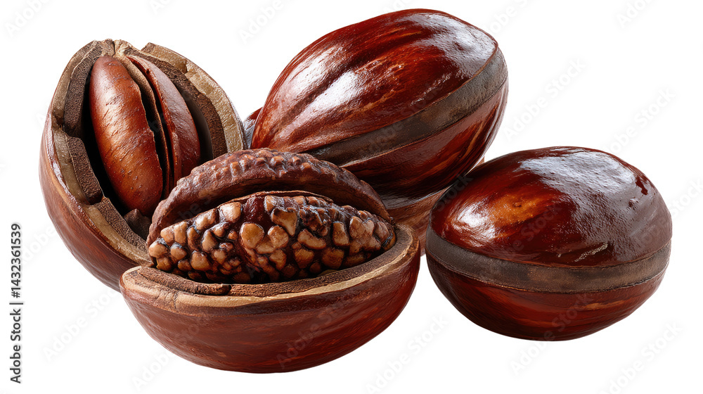 Nutmeg Wonders: A close-up shot of nutmeg fruits, capturing their rich brown hues and intricate textures. A symphony of culinary delights Nutmeg Wonders: A close-up shot of nutmeg fruits, capturing their rich brown hues and intricate textures. A symphony of culinary delights