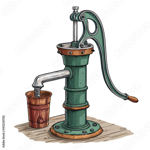 A weathered iron manual water pump, complete with a rusty lever and intricate details, stands against a blurred natural background.  Show its age and functionality.