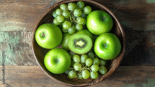Create an image of an organic green fruit bowl featuring green apples, kiwi, and grapes, arranged on a natural wooden surface.