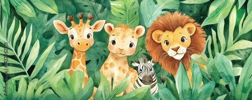 A vibrant watercolor painting featuring two graceful giraffes and a striking zebra amidst a lush jungle backdrop, filled with rich green foliage and colorful tropical flowers.