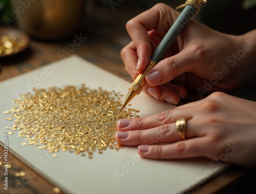 A person is carefully arranging gold glitter onto a white surface using a precision tool