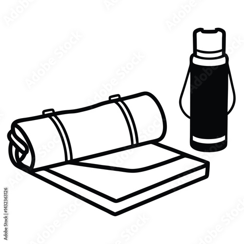 black and white camping mat and thermos clip art preview