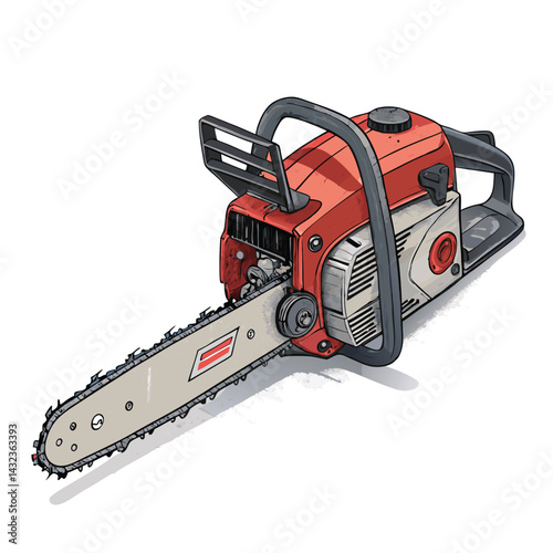 A detailed close-up shot of a powerful diesel-powered chainsaw, showcasing its robust engine, sharp chain blade, and fuel tank.  Highlight the industrial design.