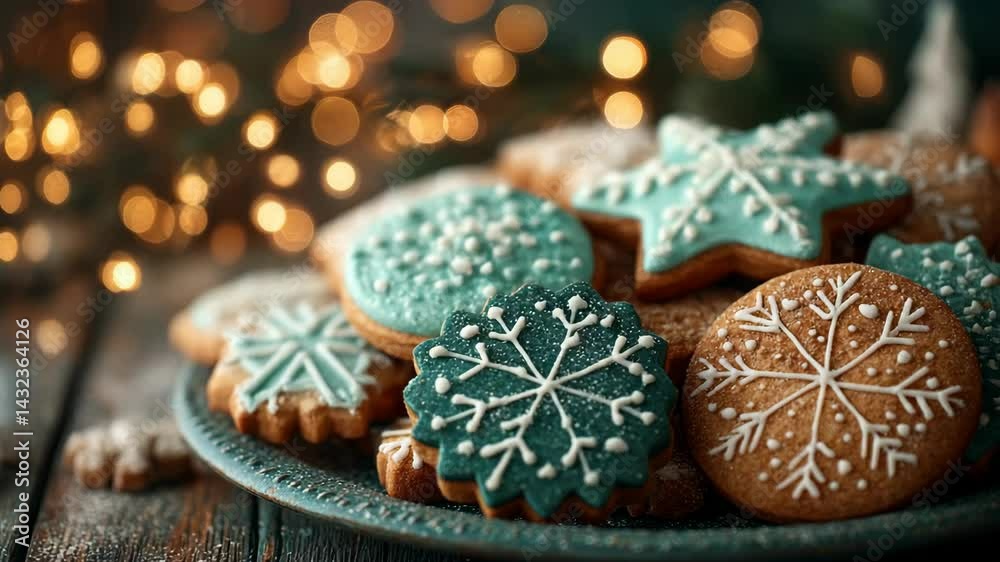 Festive decorated Christmas cookies with snowflake icing, arranged on a plate with warm bokeh background lights, holiday dessert photography