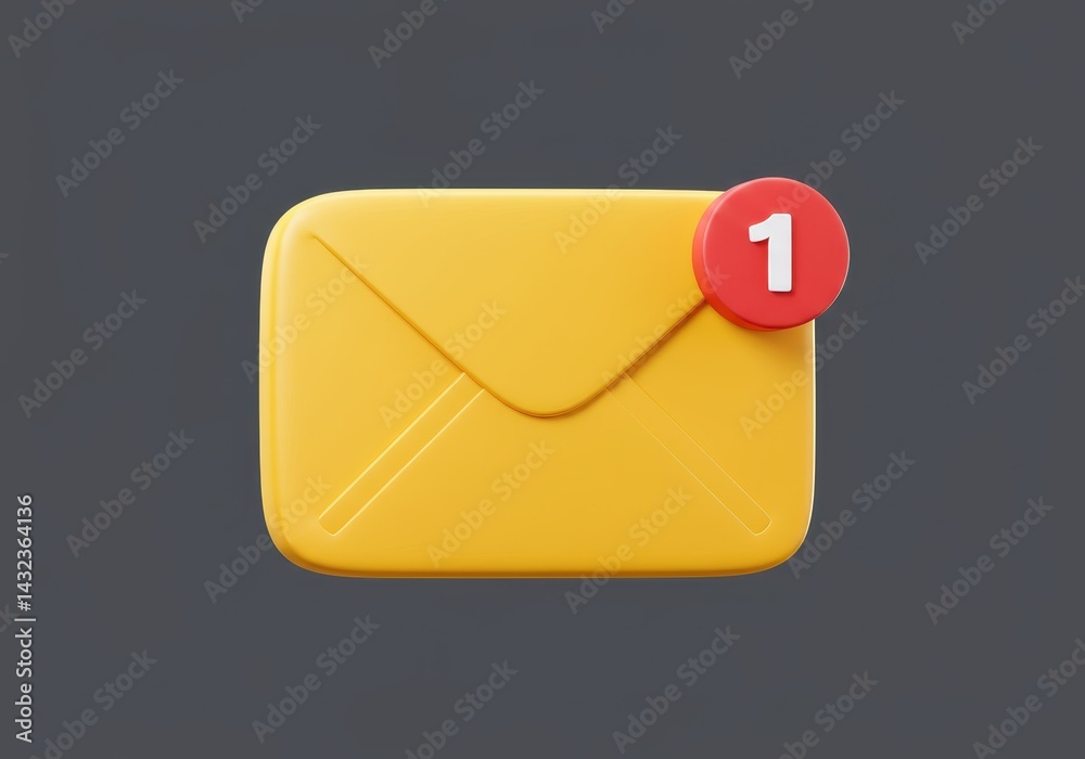 Yellow email notification icon with a red circle showing one unread message on a gray background render Yellow email notification icon with a red circle showing one unread message on a gray background render