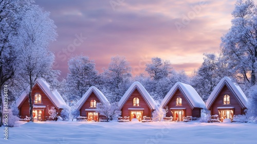 Charming Snow-Covered Wooden Cabins in Winter Landscape photo