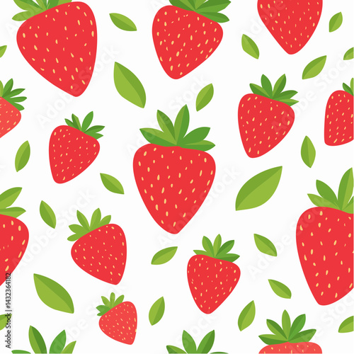 Minimalist strawberry pattern illustration on isolated background. Modern flat design fruit vector with scattered berries and leaves. Simple, playful food art perfect for packaging and surface design