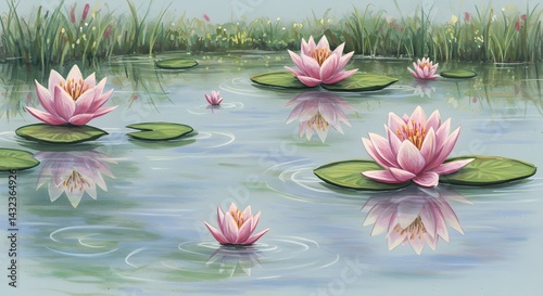Water Lilies on Pond with Reflections
