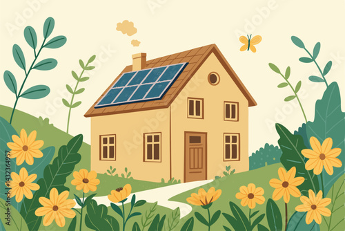 A charming, small cottage adorned with blooming flowers, featuring a modern solar panel roof.  Illustrate a whimsical, idyllic scene.