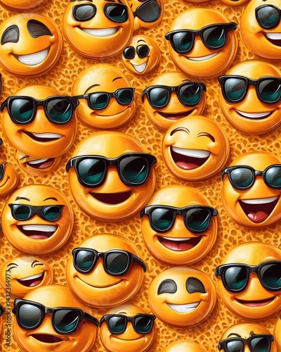A vibrant collection of various emoticon smiley faces, all sporting stylish sunglasses. Each face displays a unique expression, radiating joy and fun in a colorful arrangement.