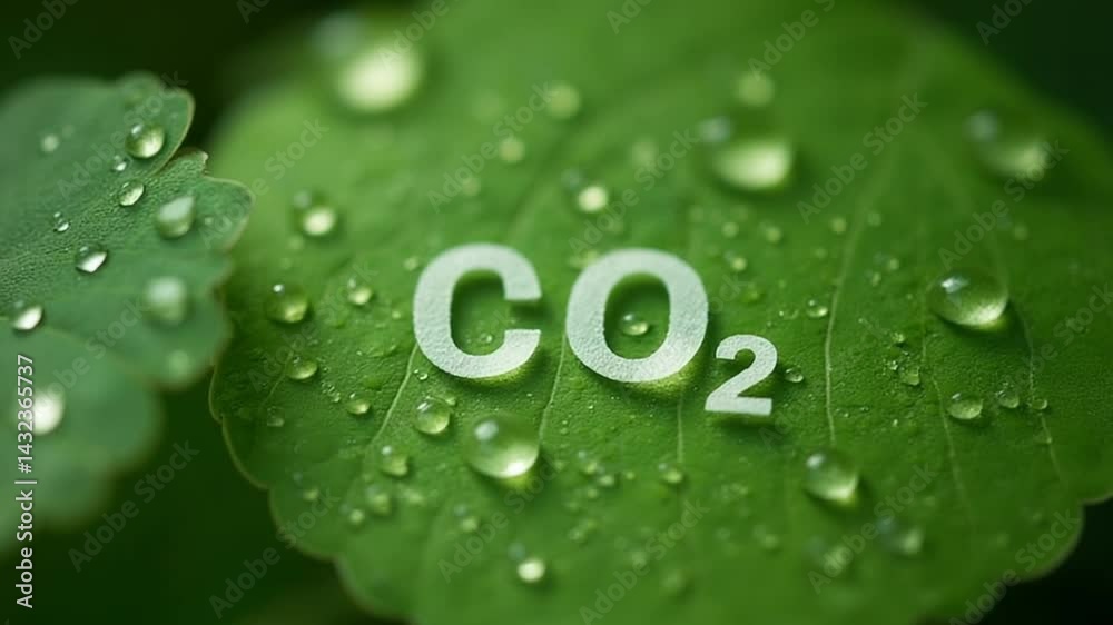 Close-Up of Dewy Green Leaf with CO2 Text and Water Droplets Close-Up of Dewy Green Leaf with CO2 Text and Water Droplets