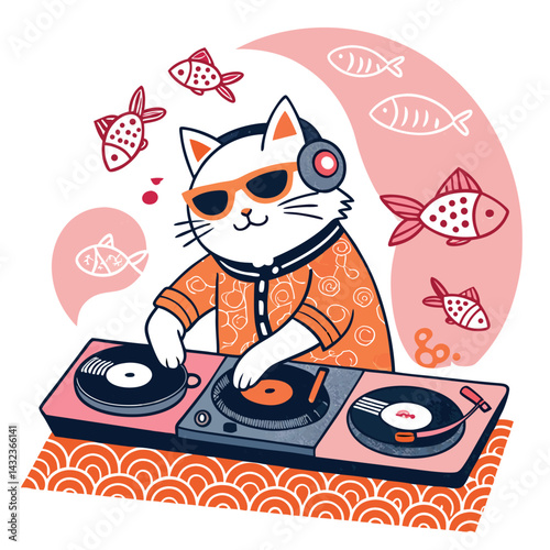 A cool DJ cat skillfully mixes sushi rolls instead of vinyl records, within a whimsical record frame.  The scene is vibrant and playful.