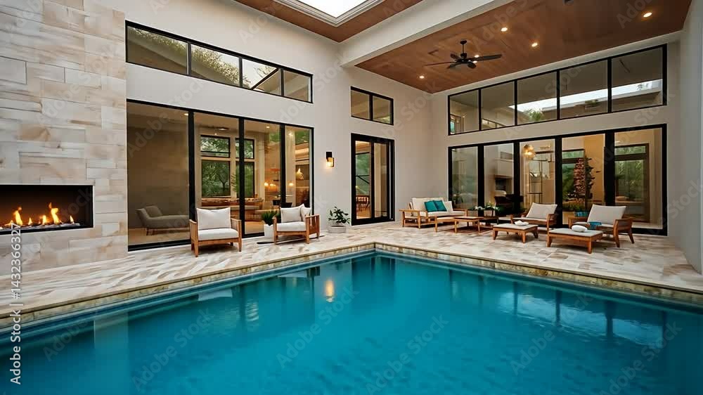 Modern, open-concept home with a stunning pool and outdoor living space, featuring a fireplace and comfortable seating areas Modern, open-concept home with a stunning pool and outdoor living space, featuring a fireplace and comfortable seating areas