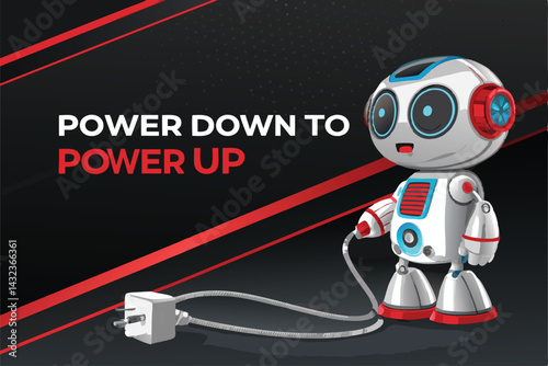 Depict a cute, cartoon robot with a sad expression, its unplugged charger lying beside it, and the words "Power D" written nearby.  Illustrate a low battery scenario.