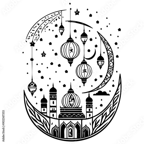Elegant Crescent Moon Graphic with Lanterns and Architectural Details for Islamic Celebrations
