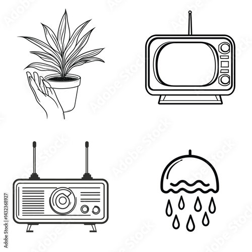 Outline Icons Set With Potted Plant, Retro TV, Radio, And Raindrops On White Background