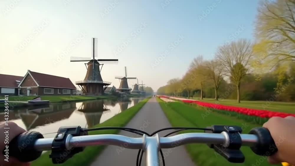Bicycle Ride POV Through Charming Village with Tulips and Windmills