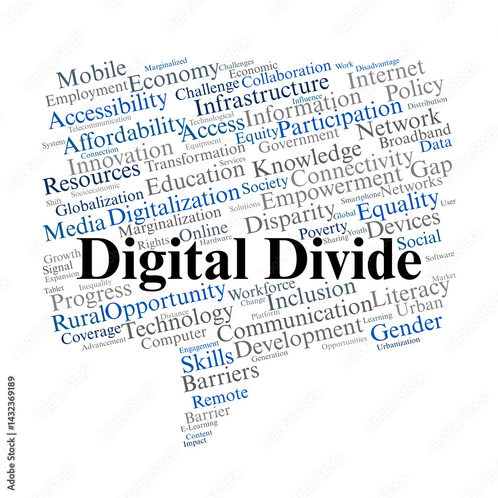 Fototapeta premium Digital Divide Word Cloud. Key terms on technology, access, equality, and inclusion