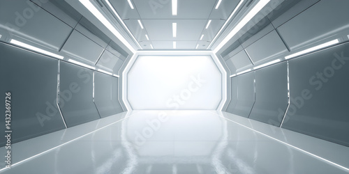 White background 3D room light abstract space technology tunnel stage floor. Empty white future 3D neon background studio futuristic corridor render modern interior silver road black wall design gray