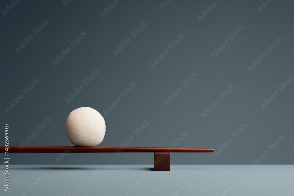 Delicate Daifuku Mochi Balancing on a Wooden Plank Minimalist Studio Setting Aesthetic Food Photography
