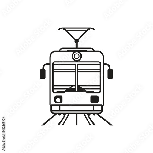 Outline of a Tram Icon with Trolley Pole on a Track with Transparent Background