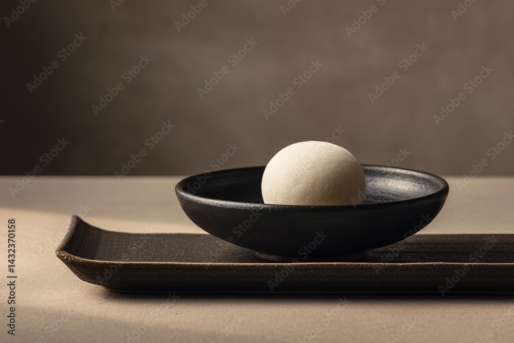 Minimalist Composition of Daifuku Mochi on a Black Plate Indoor Setting Food Art Artistic Perspective