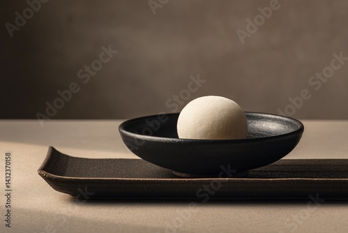 Obraz na płótnie Minimalist Composition of Daifuku Mochi on a Black Plate Indoor Setting Food Art Artistic Perspective w salonie