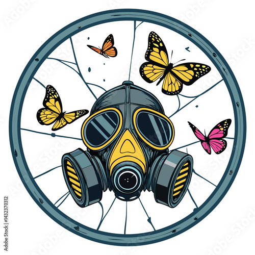Surreal digital art depicting a gas mask with vibrant butterflies emerging from it, framed aesthetically in a minimalist style.
