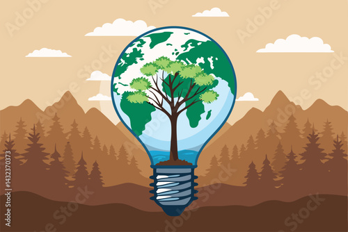 A vibrant Earth cradles a glowing light bulb, from which lush green trees sprout, symbolizing sustainable energy and environmental harmony.