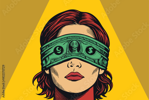 Close-up shot of a person's eyes completely covered by a blindfold crafted from US dollar bills, emphasizing the concept of corruption or financial blindness.